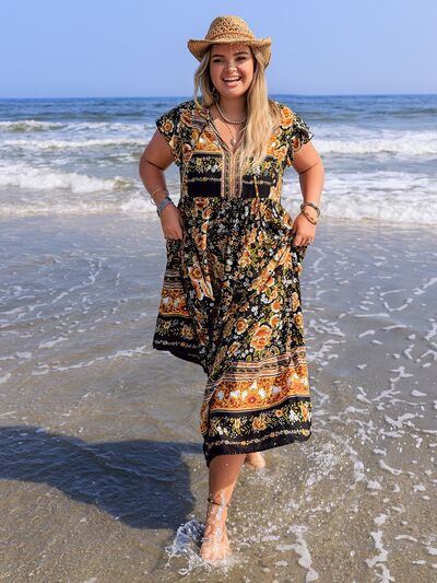 Plus Size Printed V-Neck Ruffle Cap Sleeve Maxi Dress - Trendy by Luna