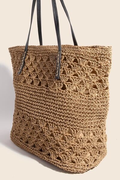 Fame Faux Leather Handle Knitted Tote Bag - Trendy by Luna