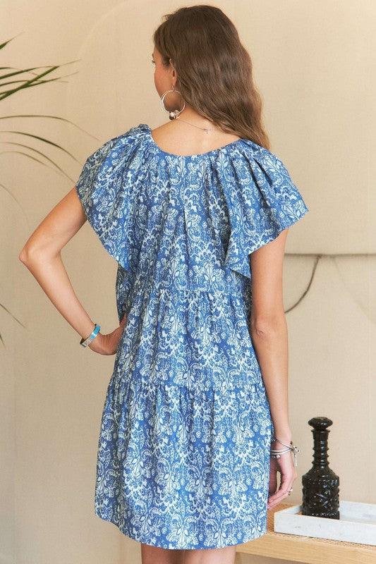 ADORA Printed V-Neck Ruffle Sleeve Mini Dress - Trendy by Luna