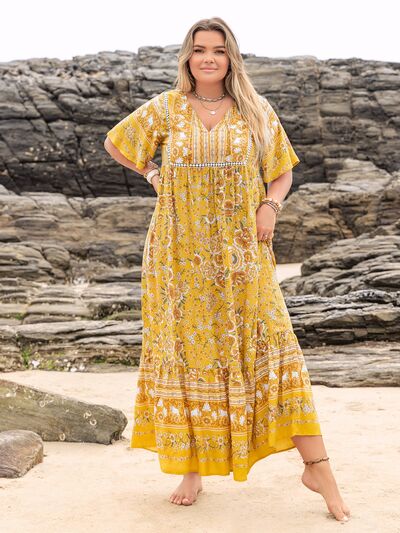 Plus Size Floral Tie Neck Flutter Sleeve Maxi Dress - Trendy by Luna