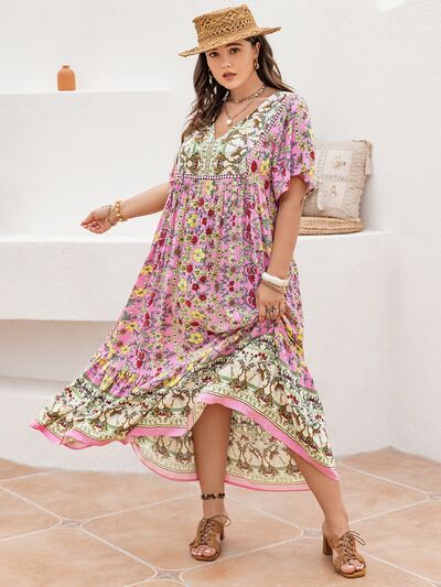 Plus Size Floral Tie Neck Flutter Sleeve Maxi Dress - Trendy by Luna