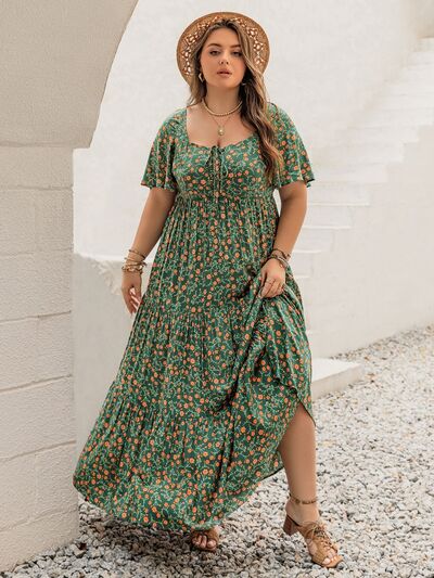 Plus Size Printed Short Sleeve Tiered Maxi Dress - Trendy by Luna
