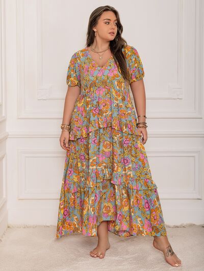 Plus Size Printed V-Neck Short Sleeve Maxi Dress - Trendy by Luna