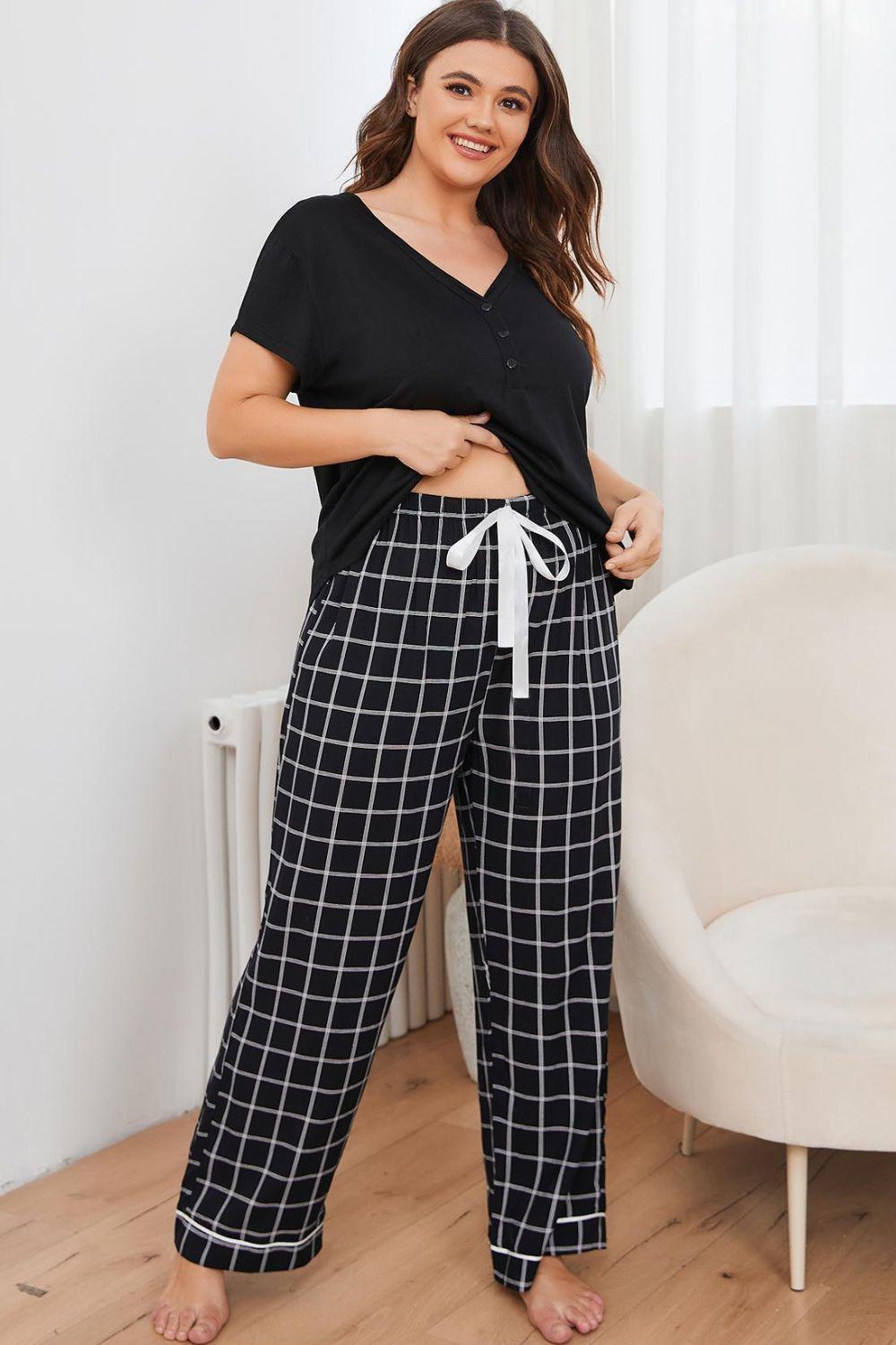 Plus Size V-Neck Top and Plaid Pants Lounge Set - Trendy by Luna