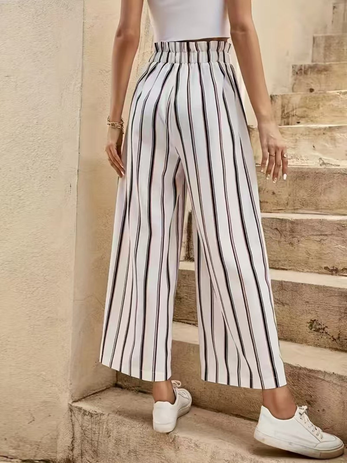 Tied Striped Wide Leg Pants - Trendy by Luna