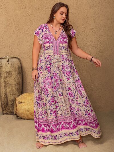 Plus Size Printed V-Neck Cap Sleeve Maxi Dress - Trendy by Luna