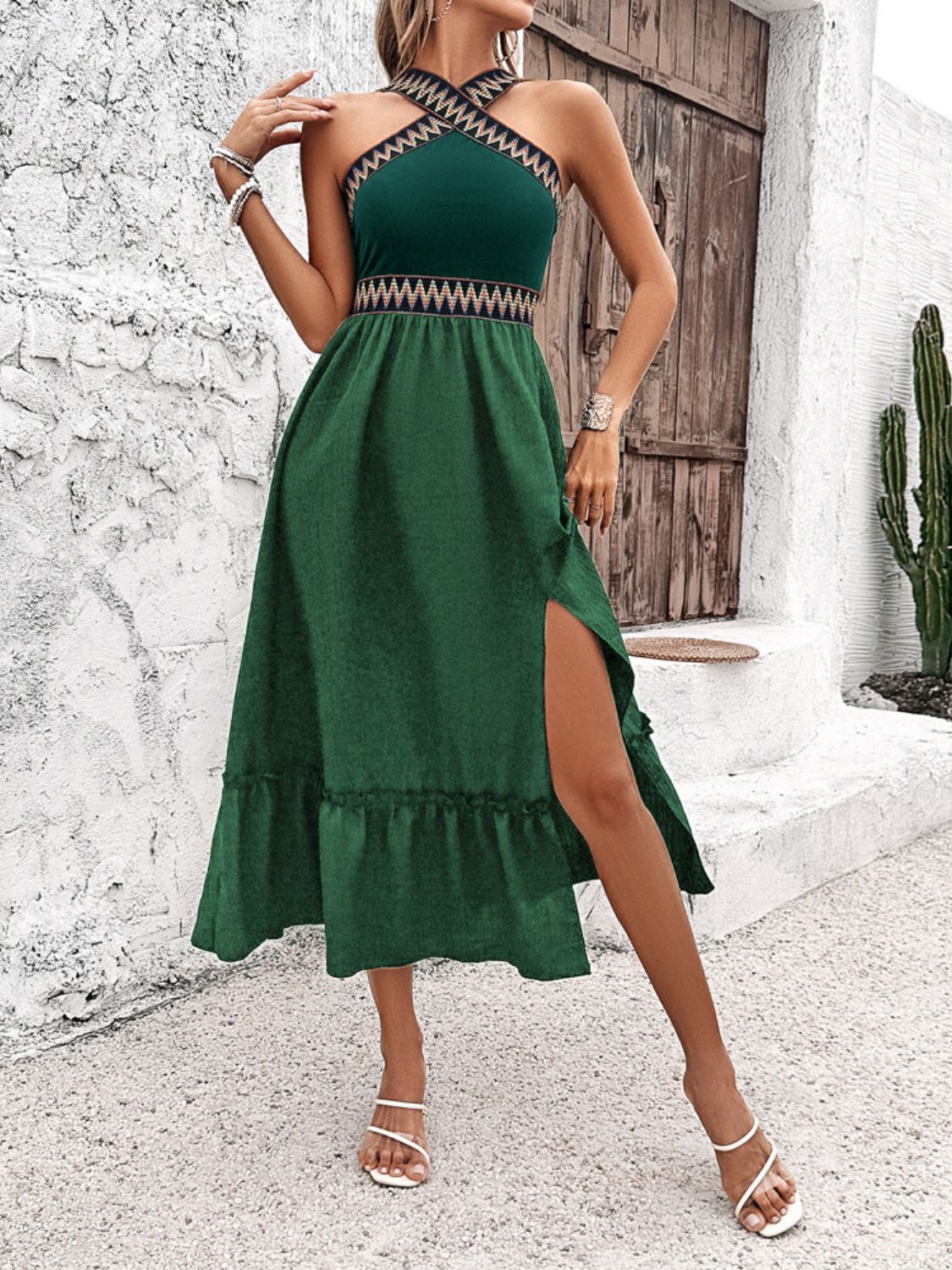 Ruffled Slit Sleeveless Midi Dress - Trendy by Luna