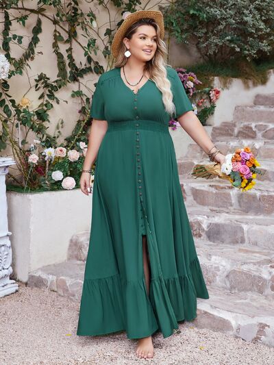 Plus Size Button Detail V-Neck Short Sleeve Maxi Dress - Trendy by Luna