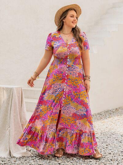 Plus Size Button Up Printed Short Sleeve Maxi Dress - Trendy by Luna