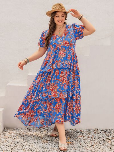 Plus Size Ruffled Printed V-Neck Short Sleeve Maxi Dress - Trendy by Luna