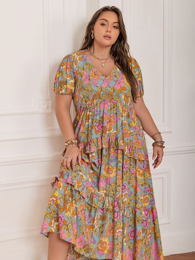 Plus Size Printed V-Neck Short Sleeve Maxi Dress - Trendy by Luna