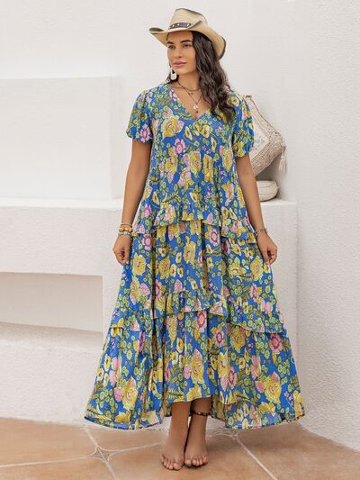 Plus Size Printed V-Neck Short Sleeve Maxi Dress - Trendy by Luna