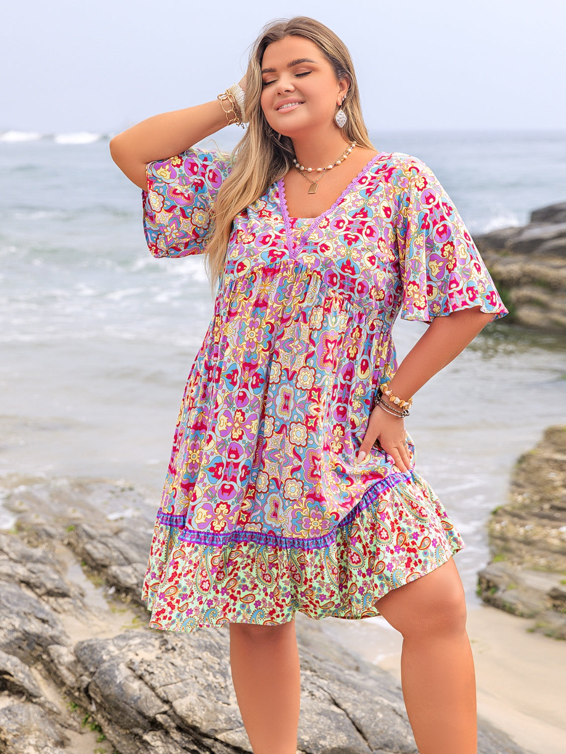 Plus Size Lace Detail Printed Half Sleeve Dress - Trendy by Luna