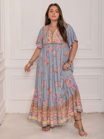 Plus Size Printed Tie Neck Flutter Sleeve Maxi Dress - Trendy by Luna