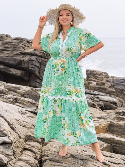 Plus Size Printed Notched Short Sleeve Maxi Dress - Trendy by Luna