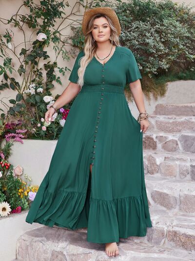 Plus Size Button Detail V-Neck Short Sleeve Maxi Dress - Trendy by Luna