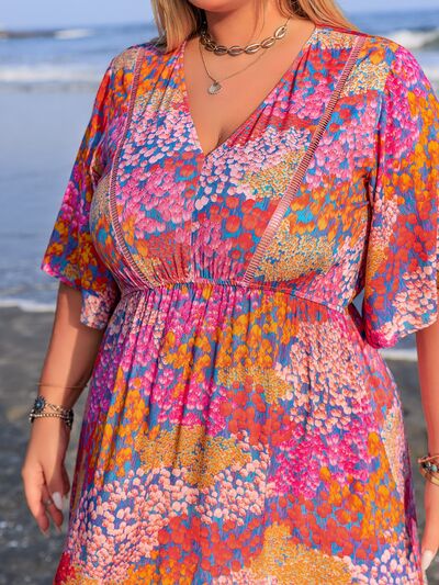 Plus Size Printed V-Neck Half Sleeve Maxi Dress - Trendy by Luna