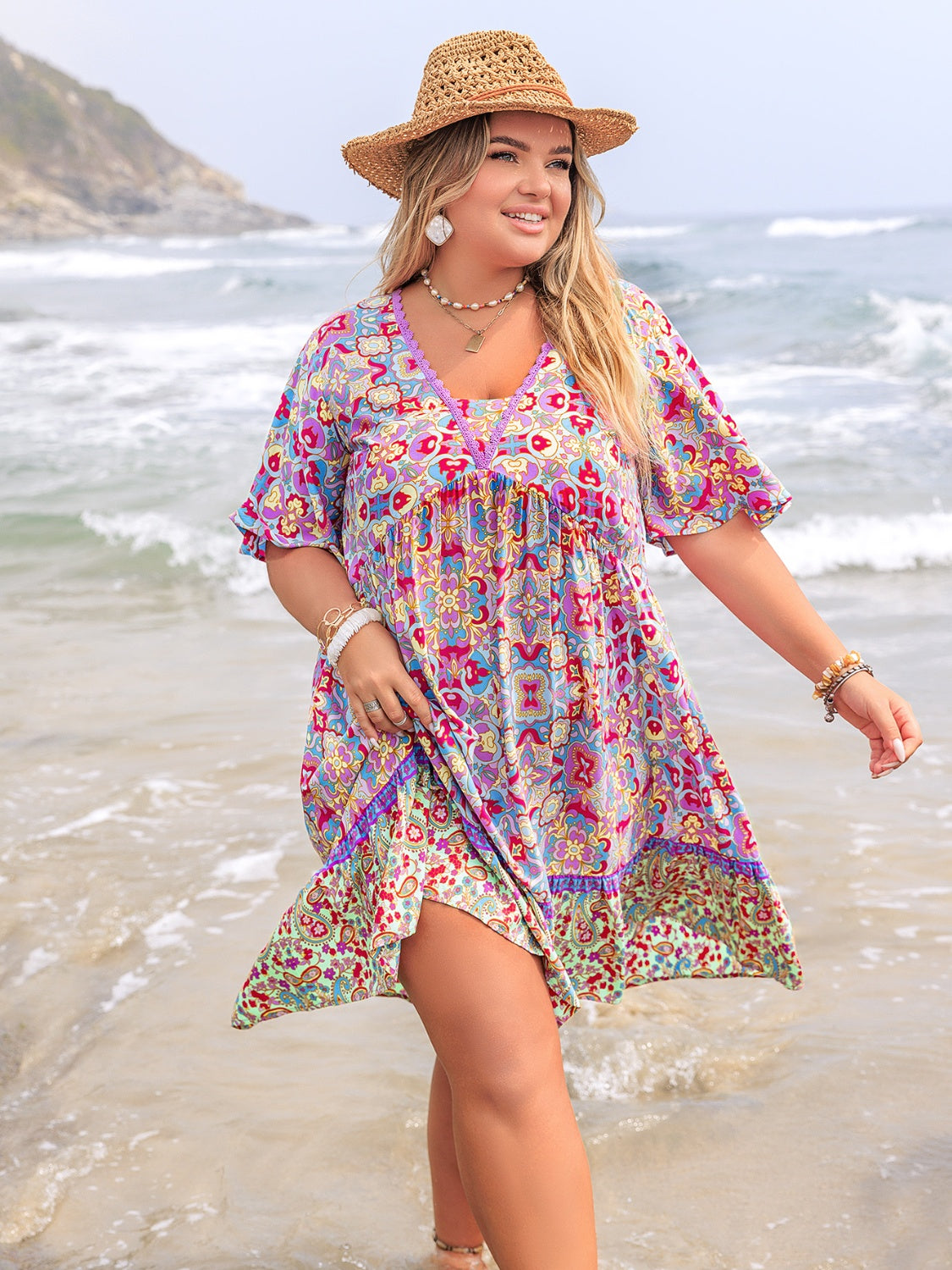 Plus Size Lace Detail Printed Half Sleeve Dress - Trendy by Luna