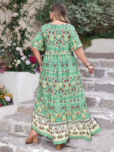 Plus Size Floral Tie Neck Flutter Sleeve Maxi Dress - Trendy by Luna