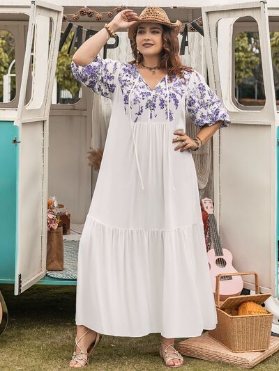 Plus Size Printed Tie Neck Half Sleeve Maxi Dress - Trendy by Luna