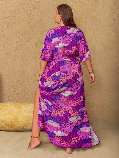 Plus Size Slit Printed Half Sleeve Maxi Dress - Trendy by Luna
