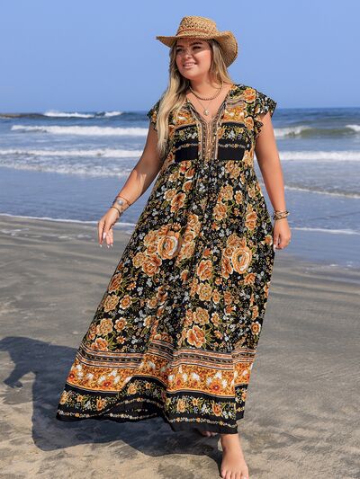 Plus Size Printed V-Neck Ruffle Cap Sleeve Maxi Dress - Trendy by Luna