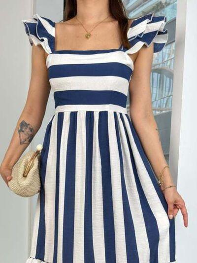 Smocked Striped Square Neck Cap Sleeve Dress - Trendy by Luna
