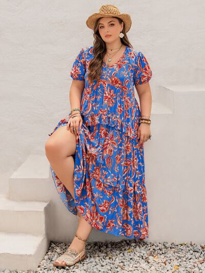 Plus Size Ruffled Printed V-Neck Short Sleeve Maxi Dress - Trendy by Luna