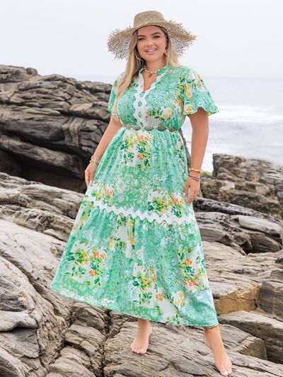 Plus Size Printed Notched Short Sleeve Maxi Dress - Trendy by Luna