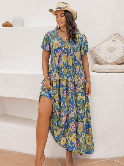 Plus Size Printed V-Neck Short Sleeve Maxi Dress - Trendy by Luna