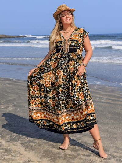Plus Size Printed V-Neck Ruffle Cap Sleeve Maxi Dress - Trendy by Luna