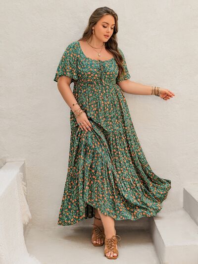 Plus Size Printed Short Sleeve Tiered Maxi Dress - Trendy by Luna