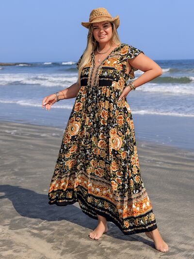 Plus Size Printed V-Neck Ruffle Cap Sleeve Maxi Dress - Trendy by Luna