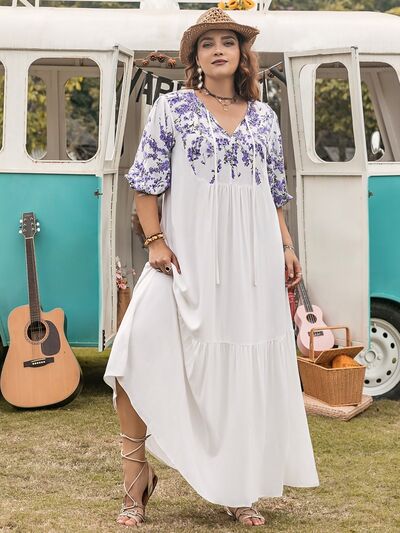 Plus Size Printed Tie Neck Half Sleeve Maxi Dress - Trendy by Luna