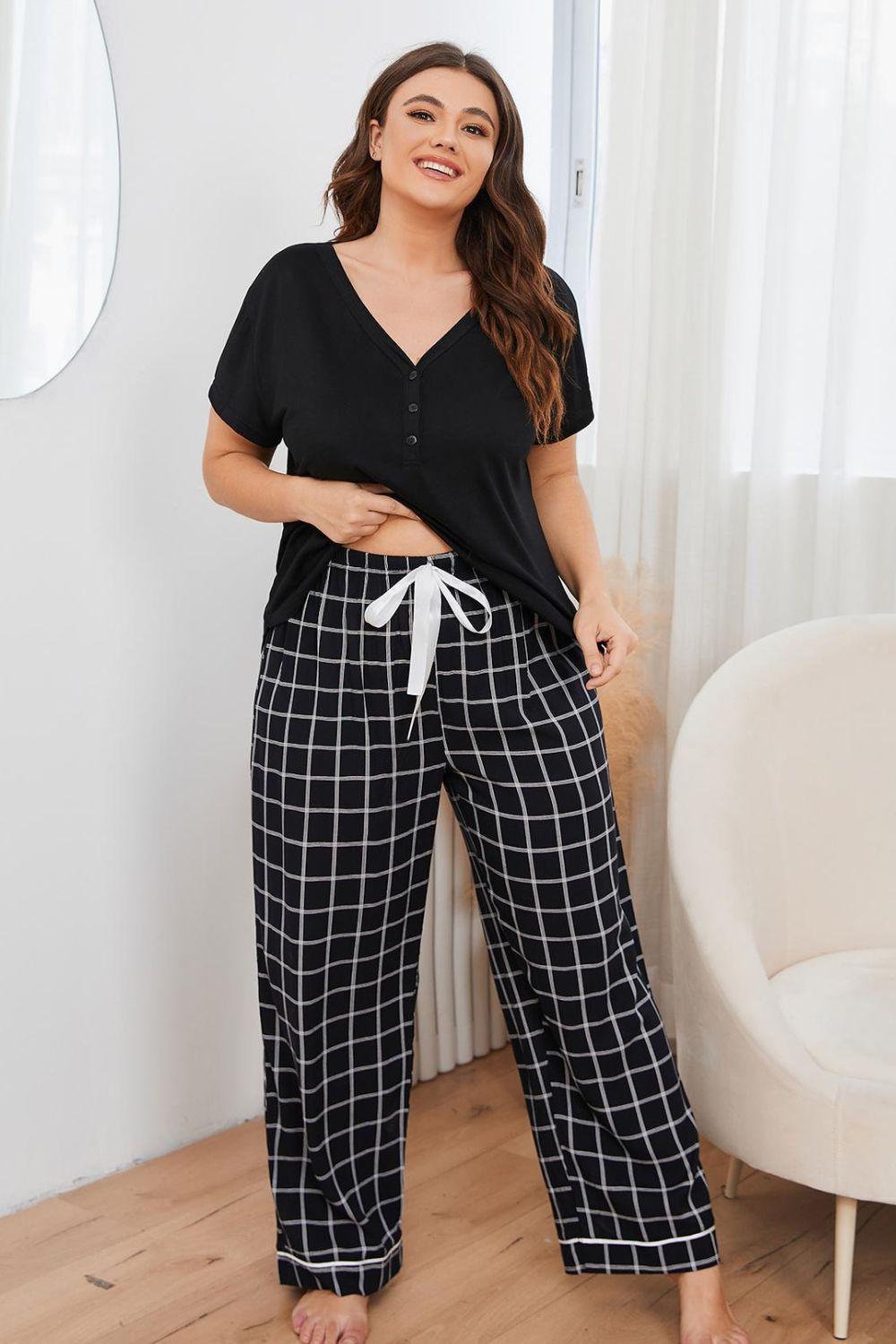 Plus Size V-Neck Top and Plaid Pants Lounge Set - Trendy by Luna