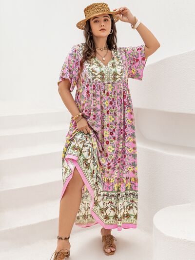 Plus Size Floral Tie Neck Flutter Sleeve Maxi Dress - Trendy by Luna