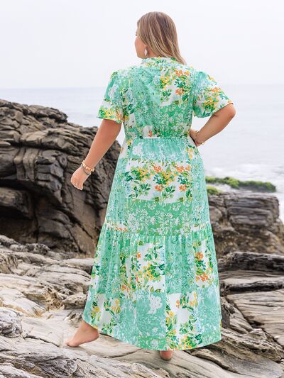 Plus Size Printed Notched Short Sleeve Maxi Dress - Trendy by Luna