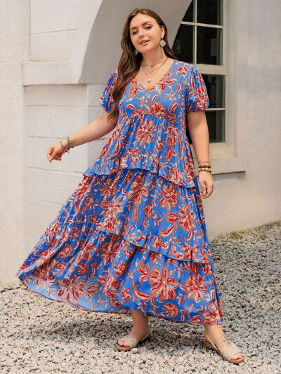 Plus Size Ruffled Printed V-Neck Short Sleeve Maxi Dress - Trendy by Luna
