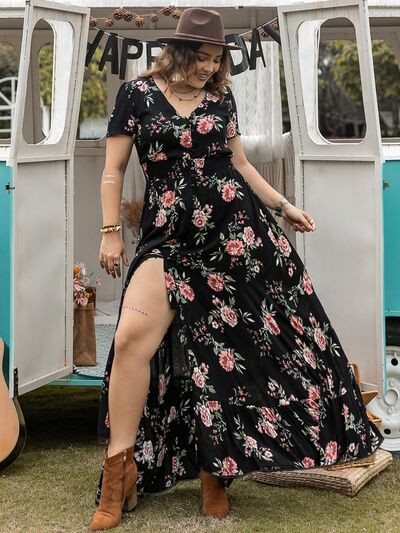 Plus Size Button Detail Printed V-Neck Short Sleeve Maxi Dress - Trendy by Luna