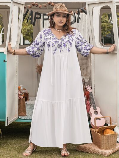 Plus Size Printed Tie Neck Half Sleeve Maxi Dress - Trendy by Luna
