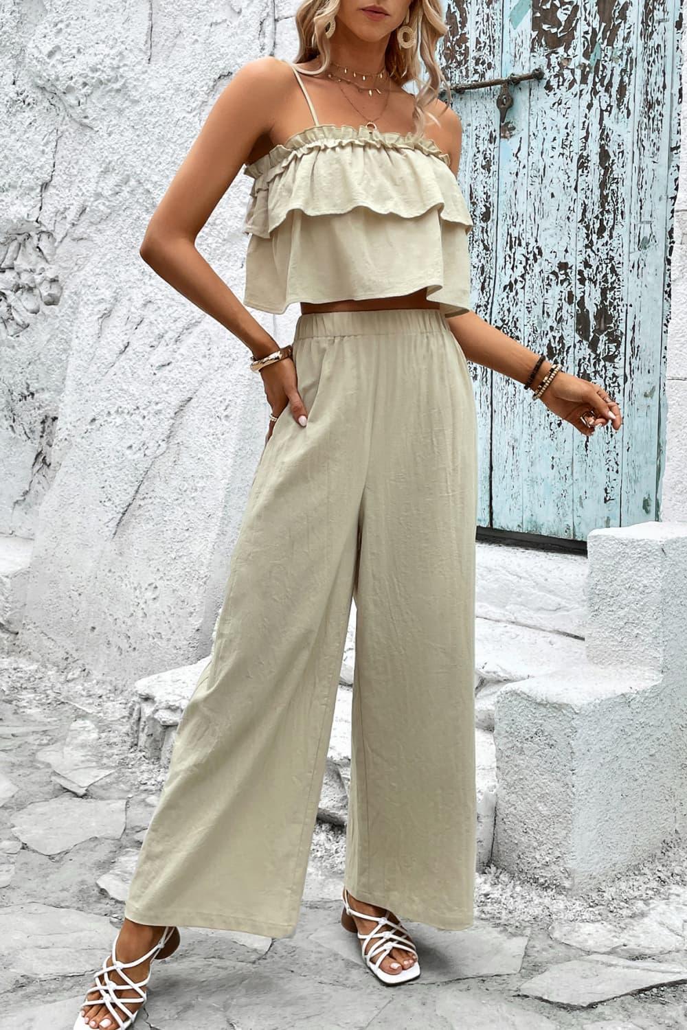 Honey Frill Trim Cami and Wide Leg Pants Set - Trendy by Luna