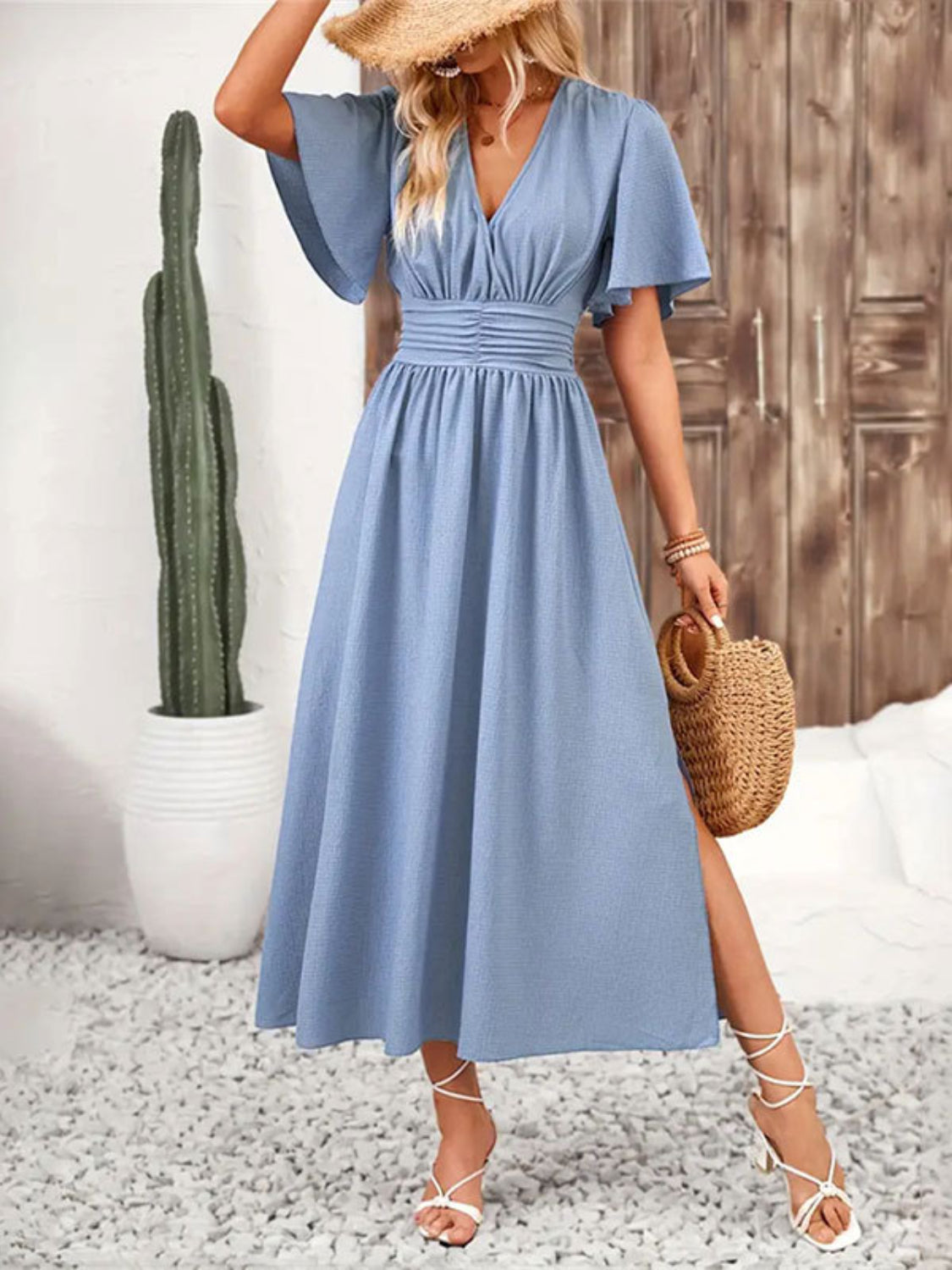 Side Slit Surplice Flutter Sleeve Midi Dress - Trendy by Luna