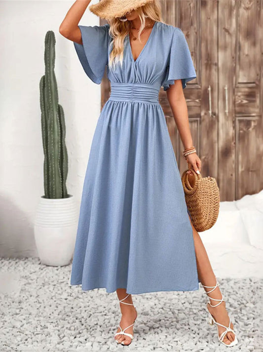 Side Slit Surplice Flutter Sleeve Midi Dress - Trendy by Luna