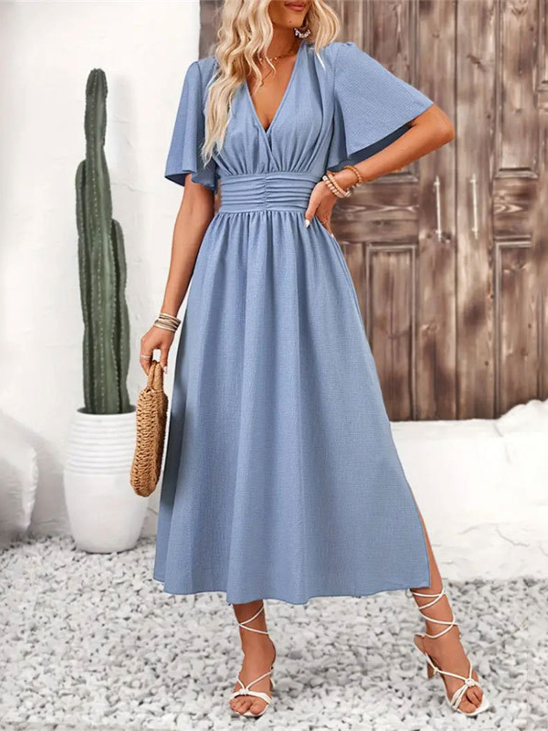 Side Slit Surplice Flutter Sleeve Midi Dress - Trendy by Luna