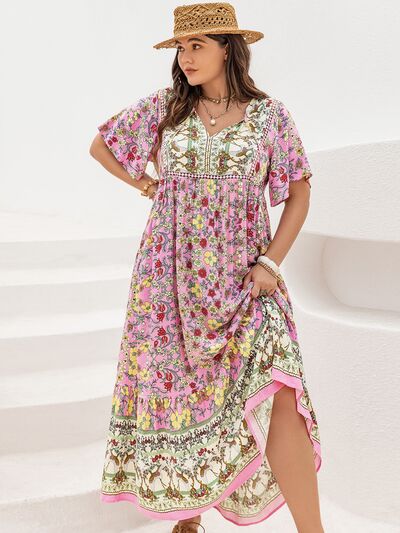 Plus Size Floral Tie Neck Flutter Sleeve Maxi Dress - Trendy by Luna