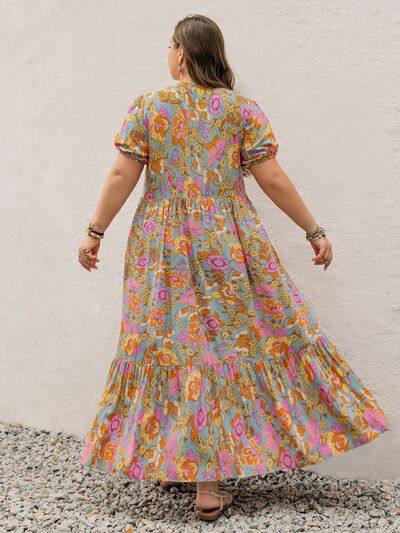 Plus Size Printed V-Neck Short Sleeve Maxi Dress - Trendy by Luna