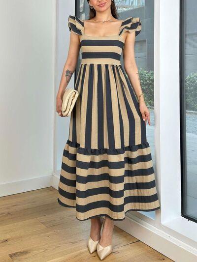 Smocked Striped Square Neck Cap Sleeve Dress - Trendy by Luna