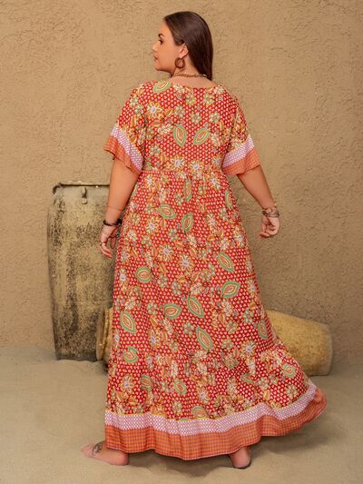 Plus Size Printed Tie Neck Flutter Sleeve Maxi Dress - Trendy by Luna
