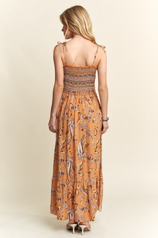 ADORA Smocked Printed Square Neck Tie Shoulder Cami Dress - Trendy by Luna