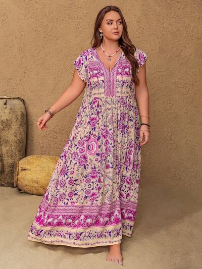 Plus Size Printed V-Neck Cap Sleeve Maxi Dress - Trendy by Luna